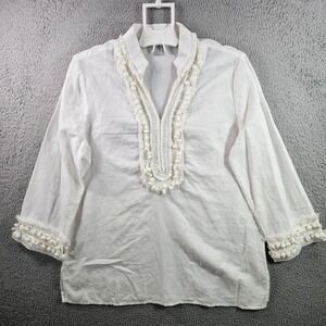 Chico's White Pom Pom Tassel Trim V Neck Linen Blend Tunic Top Size 2 US 12/14